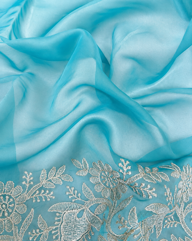 Soft Organza  Saree with Thread Work  and Scallop Border - Light Green