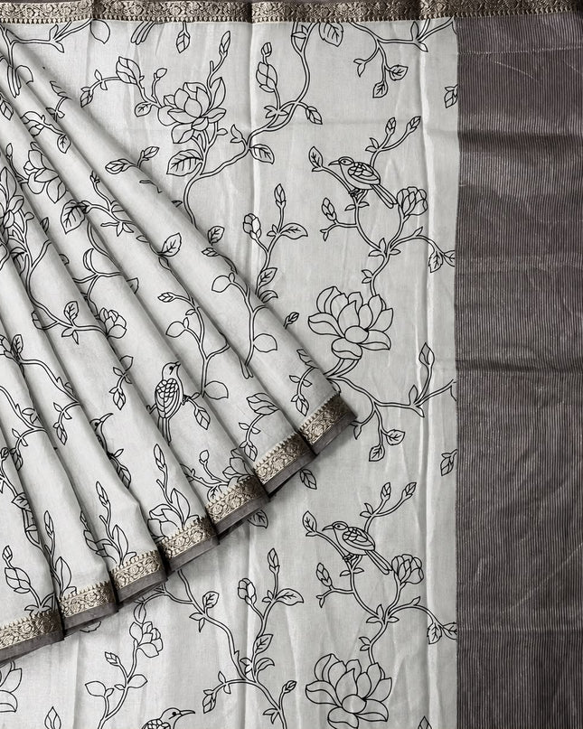 Mul Tissue Saree With Floral Print Small Kanchi Border- White & Grey