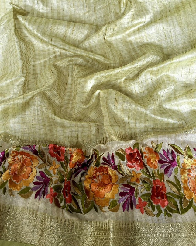 Kora Tusser saree Gap Border with Parce Work Border -  Pista Green