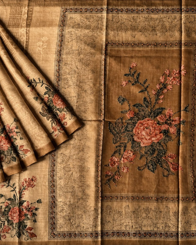 Kota Silk Saree with French Knot Work and Contrast Border  - Brown