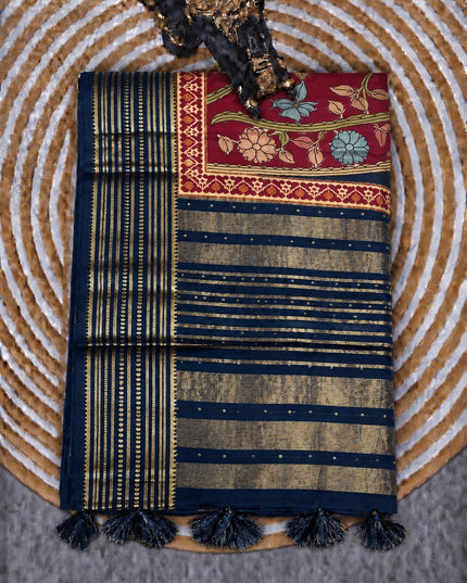 Crepe Saree with Allover Floral Print and Contrast Border-  Maroon