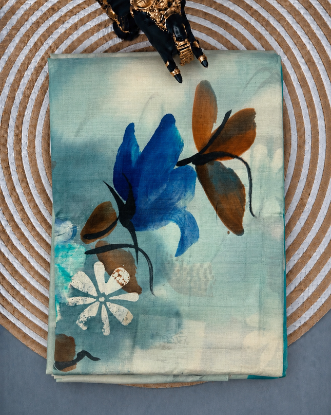 Pure Tusser  Silk Saree With All Over Hand Painting -  Light Blue