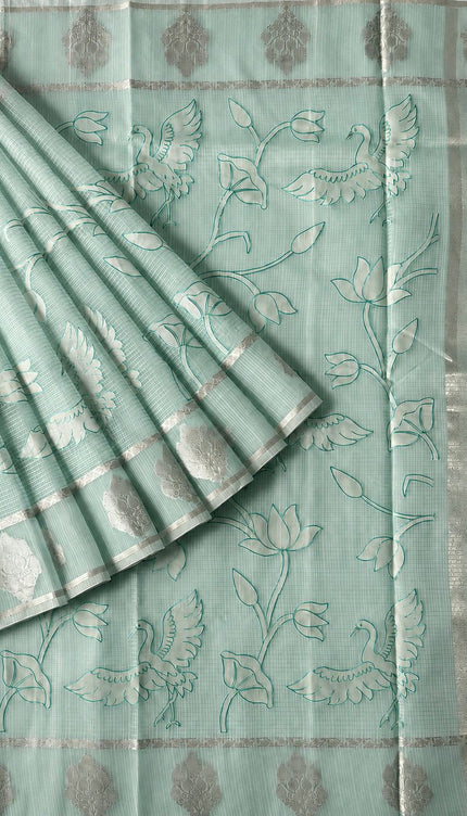 Kora Kota Saree with Applique work and Gap Border -  Sage Green