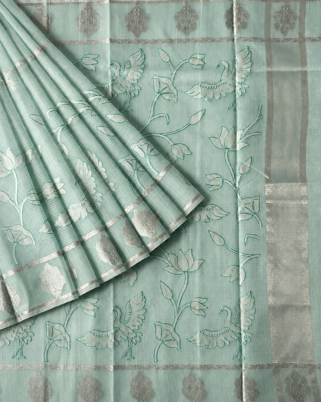 Kora Kota Saree with Applique work and Gap Border -  Sage Green