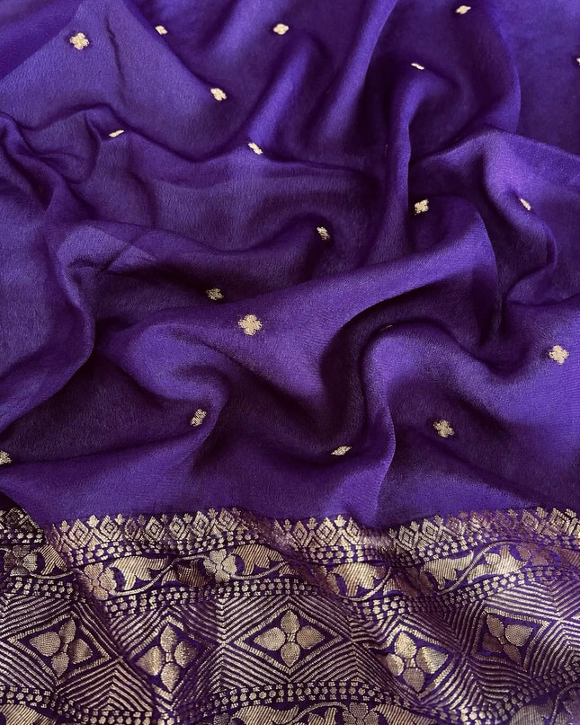 Munga Georgette saree with all over Antic Gold Zari Weaving  - violet