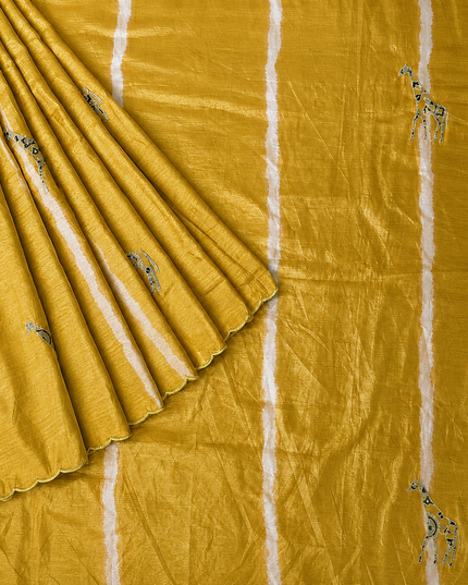 Soft  Orznga  Saree With Applique work and scallop Border-  Mustard