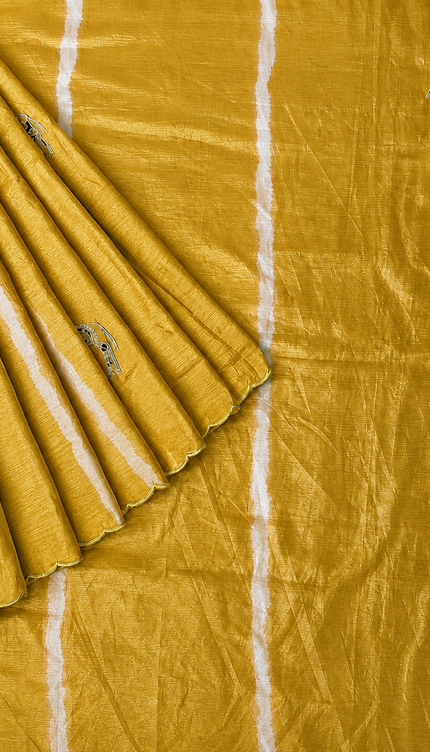 Soft  Orznga  Saree With Applique work and scallop Border-  Mustard