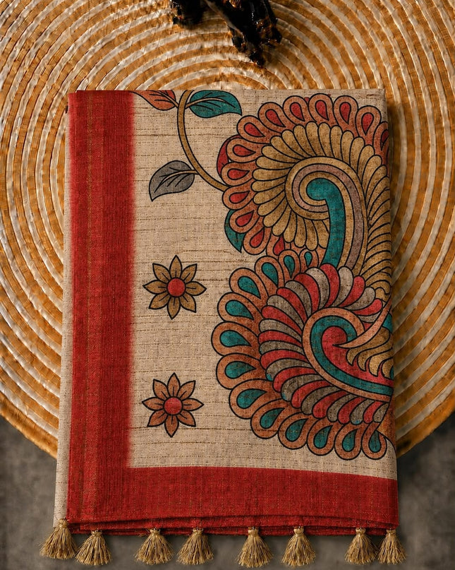 Tusser Silk Saree With All over Golden Checks Design and Kalamkari Pallu -Red