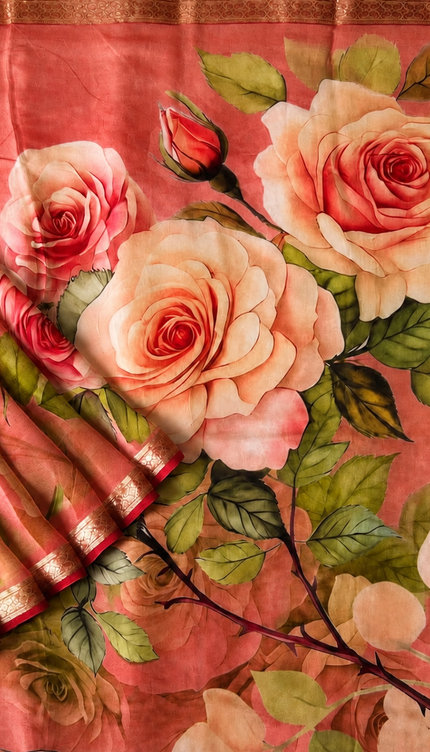 Georgette Saree with Floral Print and Golden Border - Light Pink