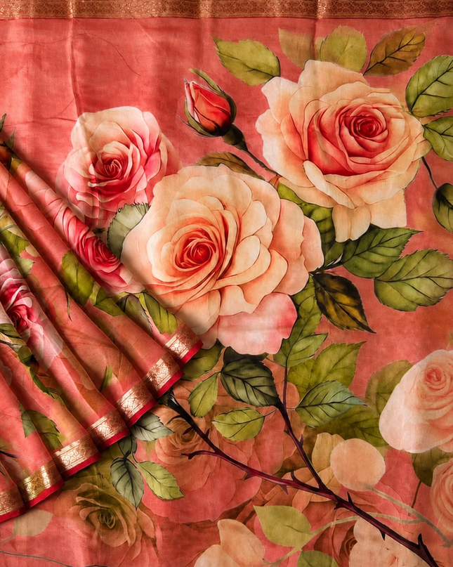 Georgette Saree with Floral Print and Golden Border - Light Pink