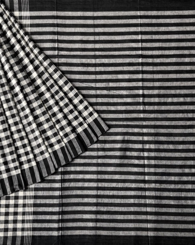 Cotton Saree With Checks Design and Tassels -  Black