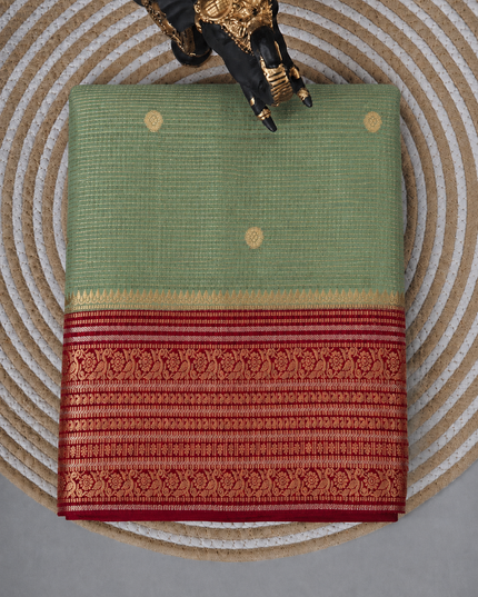 Green Silk Saree With Golden Zari Butties And Kanchi Border - Parrot Green