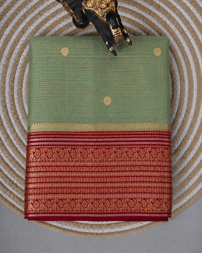 Green Silk Saree With Golden Zari Butties And Kanchi Border - Parrot Green