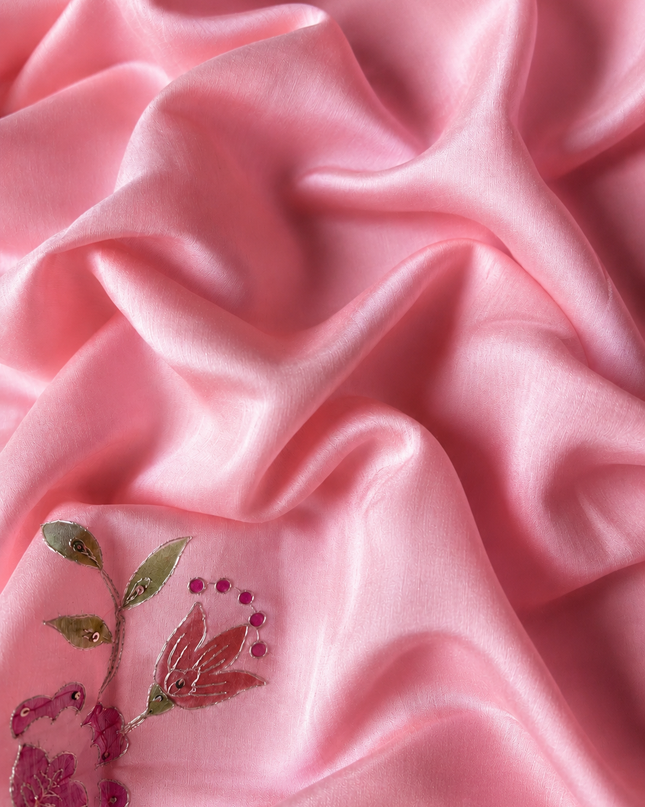 Mul  chanderi saree with  Foral Print and  Ari Work Pearl Border - Pink