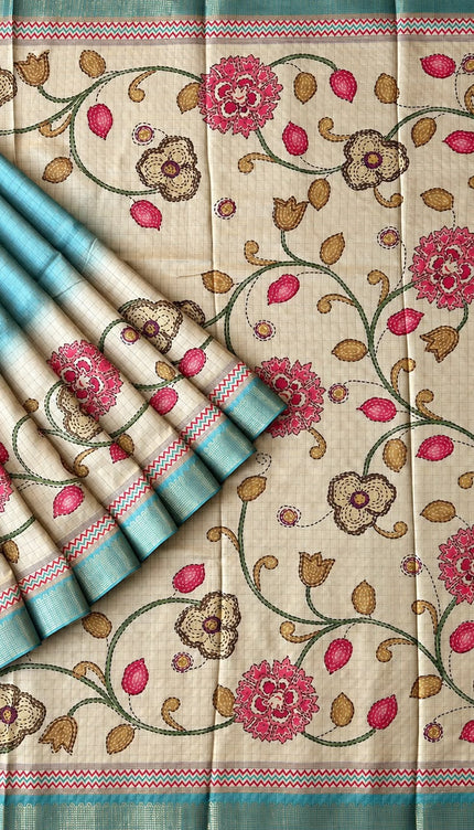 Tusser Saree with Floral and Golden Checks Design and Golden  Border -  Sage Green