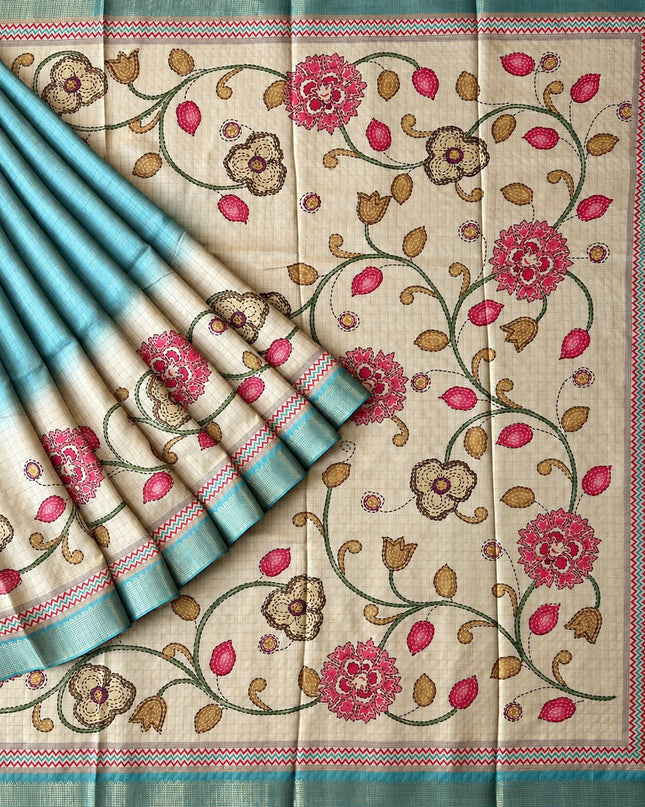 Tusser Saree with Floral and Golden Checks Design and Golden  Border -  Sage Green