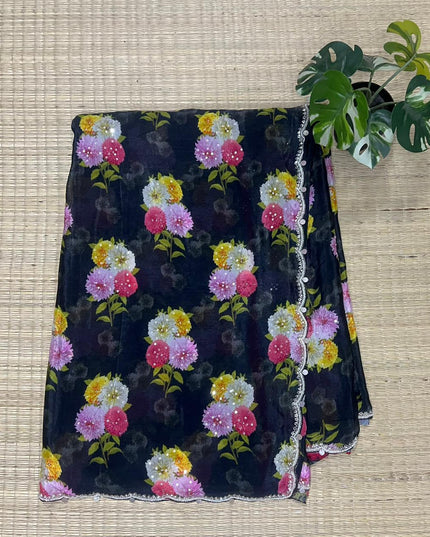 Soft  crepe saree with Floral Print with  Kardhana and scallop border - Black