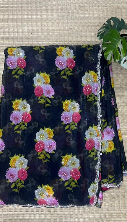 Soft  crepe saree with Floral Print with  Kardhana and scallop border - Black