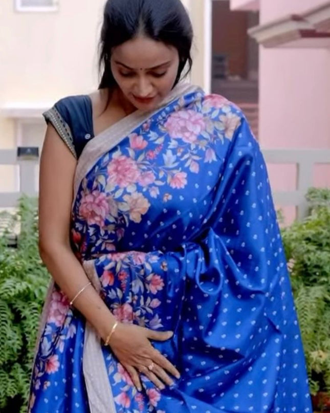 Tusser Silk Saree with Floral Print and Subtle Vertical Stripes and Small Delicate Motifs- Blue