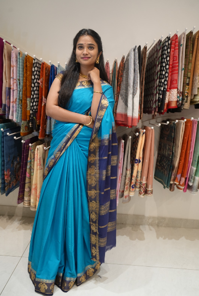 Mysore Silk sarees with  Gandaberunda Design  Contrast  Border - Blue
