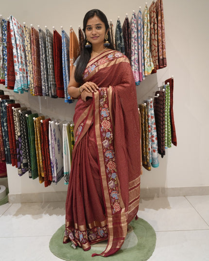 munga silk saree with allover checks , petite point work &gap border-red