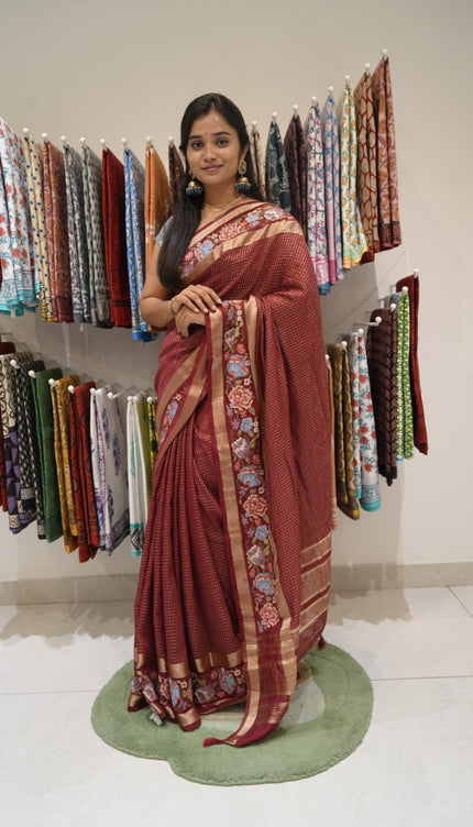 munga silk saree with allover checks , petite point work &gap border-red