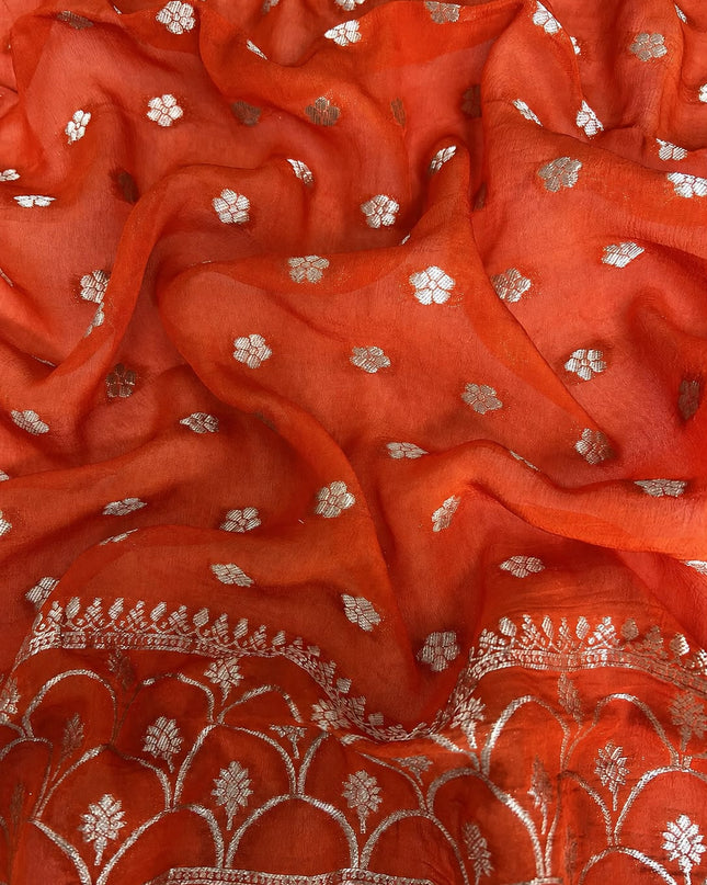 Kaddi Georgette saree with all over Floral Minakari Weaving  - Orange