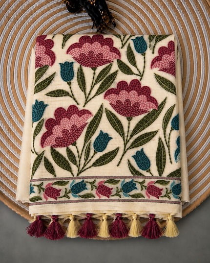 Cotton Chanderi  Jamdani Saree with Self Weaving Floral Design - Cream & Maroon