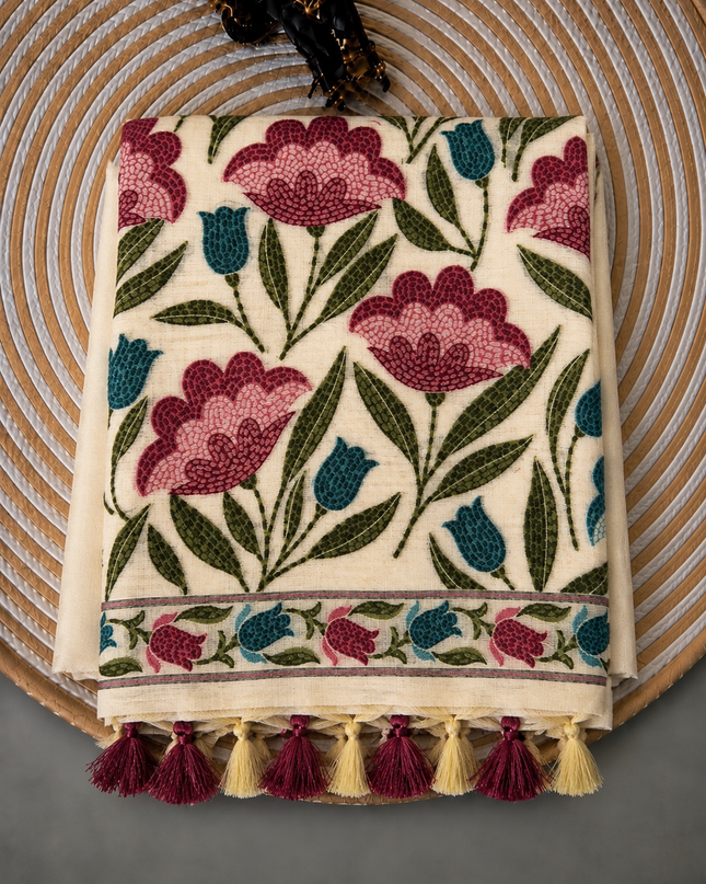Cotton Chanderi  Jamdani Saree with Self Weaving Floral Design - Cream & Maroon