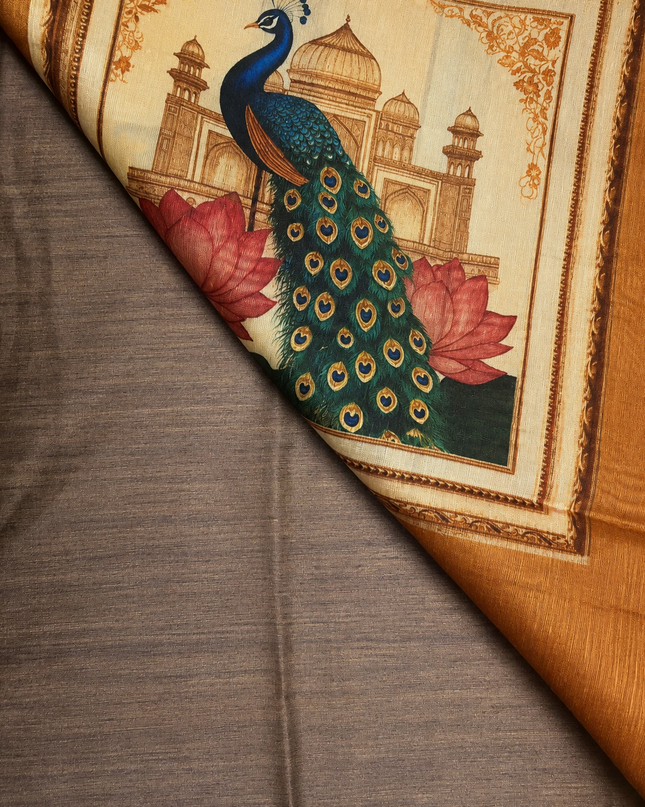 Tusser Silk Saree with Floral Print  contrast Border  - Brown