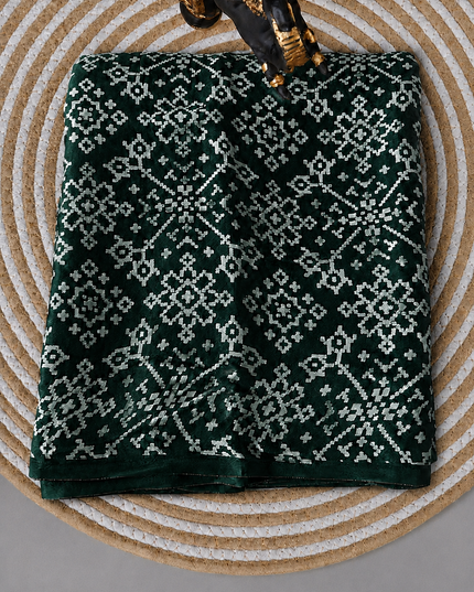 modal silk saree with ajrakh Design and Small Border  -Bottle Green