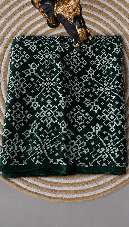 modal silk saree with ajrakh Design and Small Border  -Bottle Green