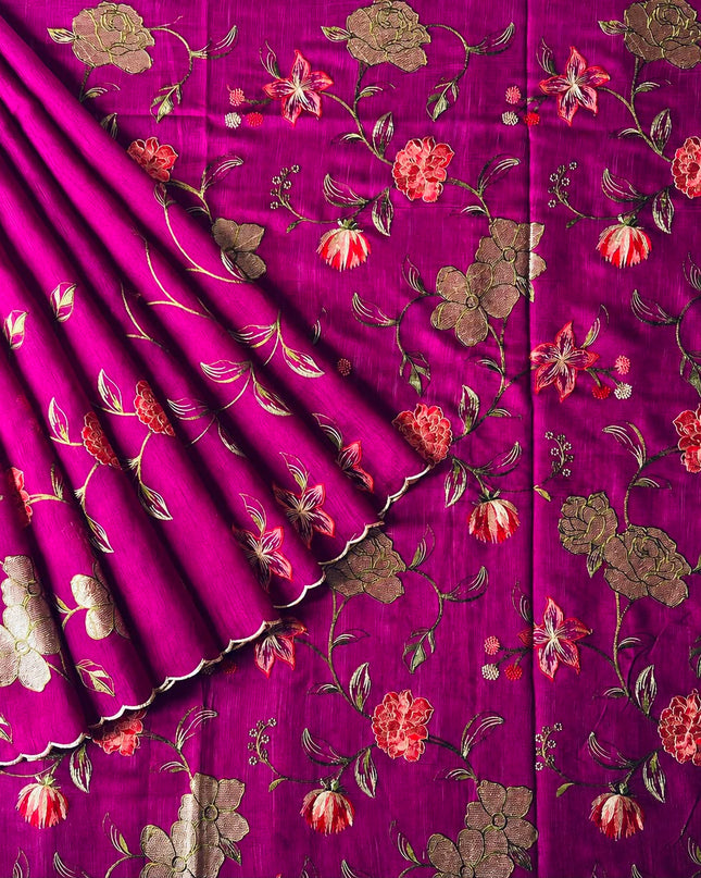 Jute Tusser Saree With All Over Thread Embroidery  Work Scallop Border - Magenta