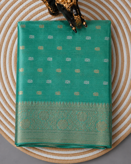 Chiffon Saree With Gold & Silver Zari  Butties and Gold Zari Flower Design Border-  Sea Green