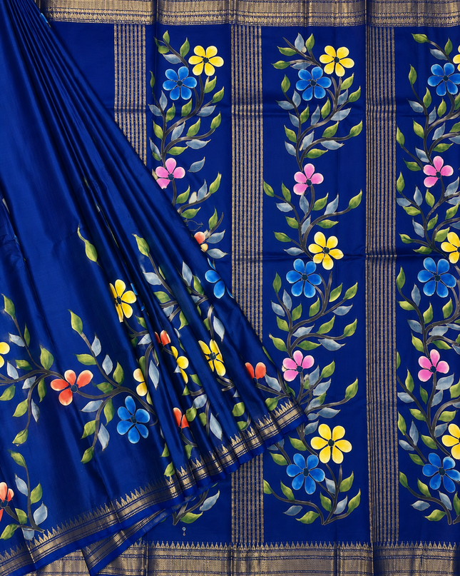 Pure Silk Saree With All Over Hand painting and Golden Zari weaving Temple Design  Border - Royal Blue