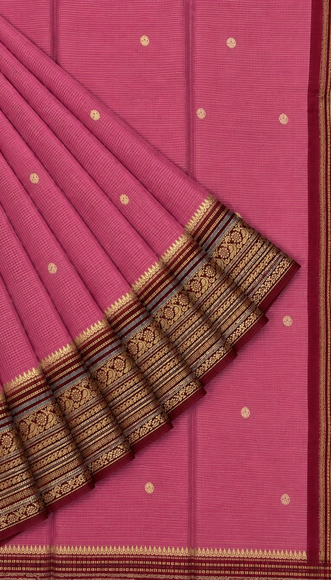Green Silk Saree With Golden Zari Butties And Kanchi Border - Baby pink