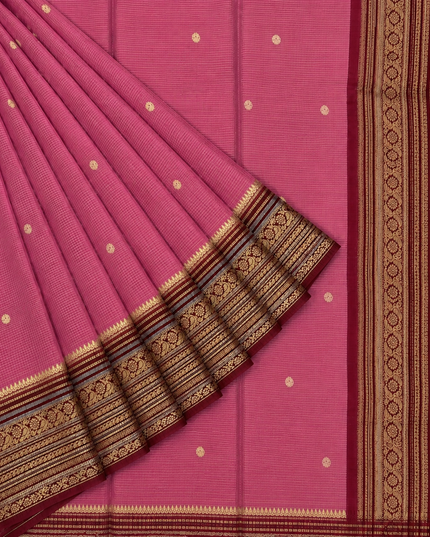 Green Silk Saree With Golden Zari Butties And Kanchi Border - Baby pink