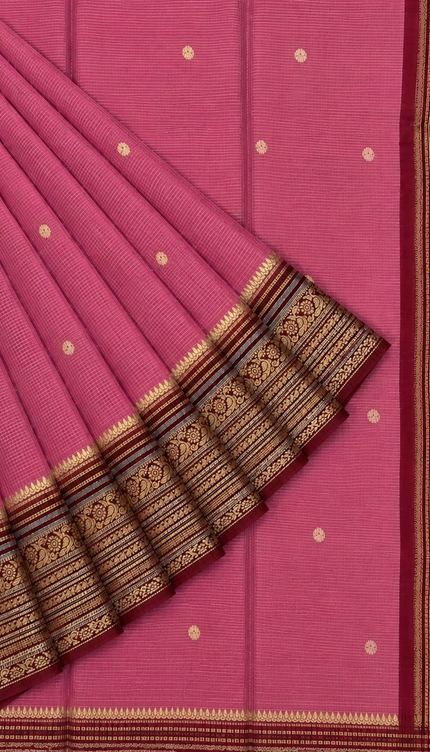 Green Silk Saree With Golden Zari Butties And Kanchi Border - Baby pink