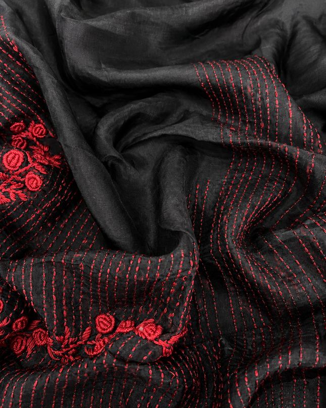 Georgette Saree With Kantha Work and Sequences Work - Maroon