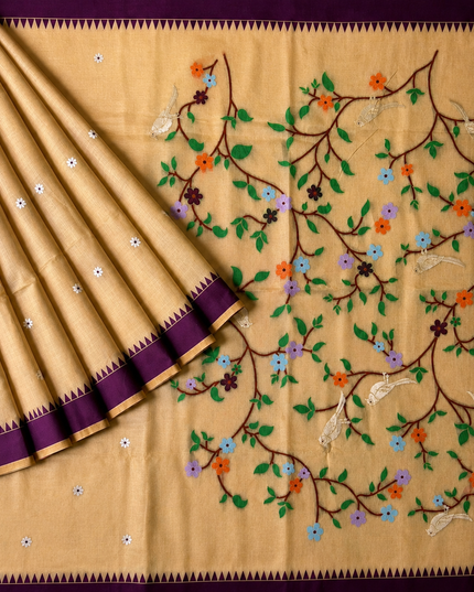 Cotton Chanderi Jamdani Saree with Self Weaving Floral Design - Cream