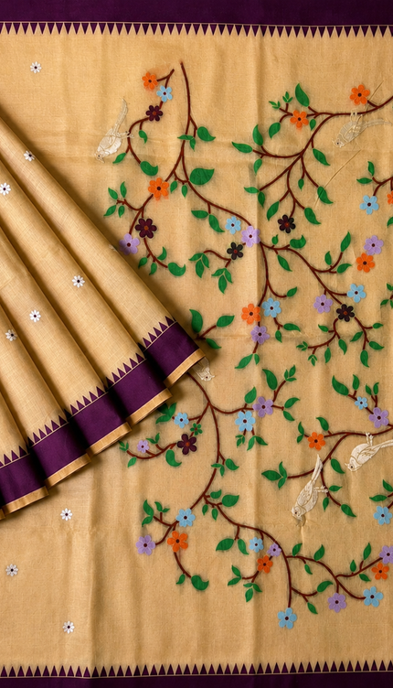 Cotton Chanderi Jamdani Saree with Self Weaving Floral Design - Cream