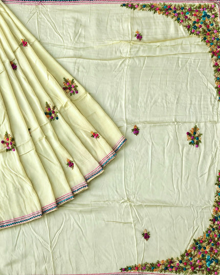 Russian Silk Saree with  Kantha Work - Lemon Yellow