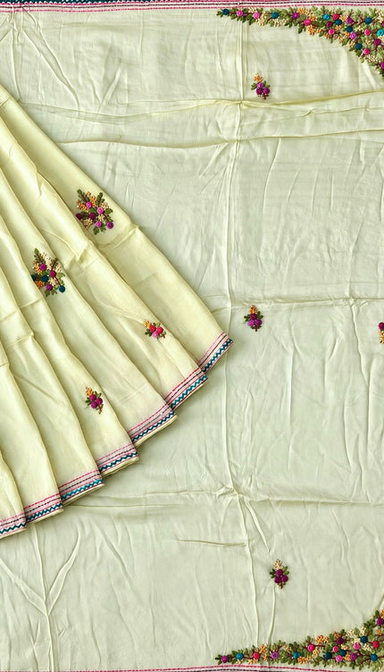 Russian Silk Saree with  Kantha Work - Lemon Yellow