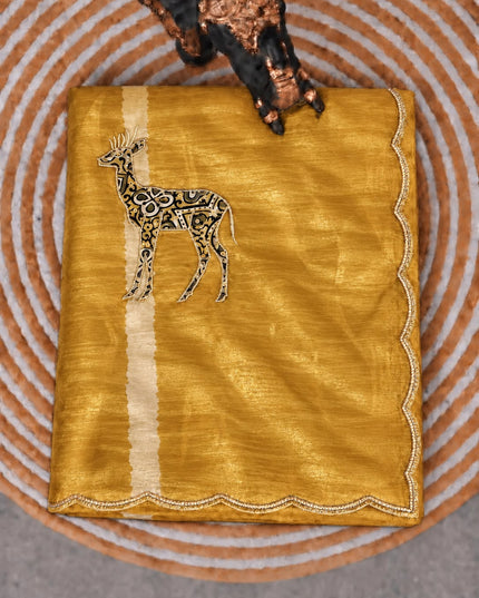 Soft  Orznga  Saree With Applique work and scallop Border-  Mustard
