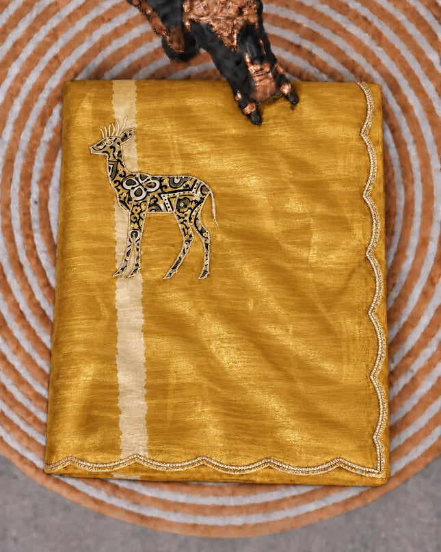 Soft  Orznga  Saree With Applique work and scallop Border-  Mustard