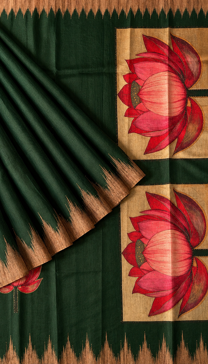 Chanderi Saree Lotus Butties Temple Design  Contrast Border- Green