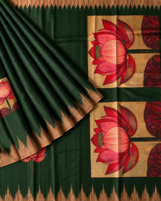 Chanderi Saree Lotus Butties Temple Design  Contrast Border- Green
