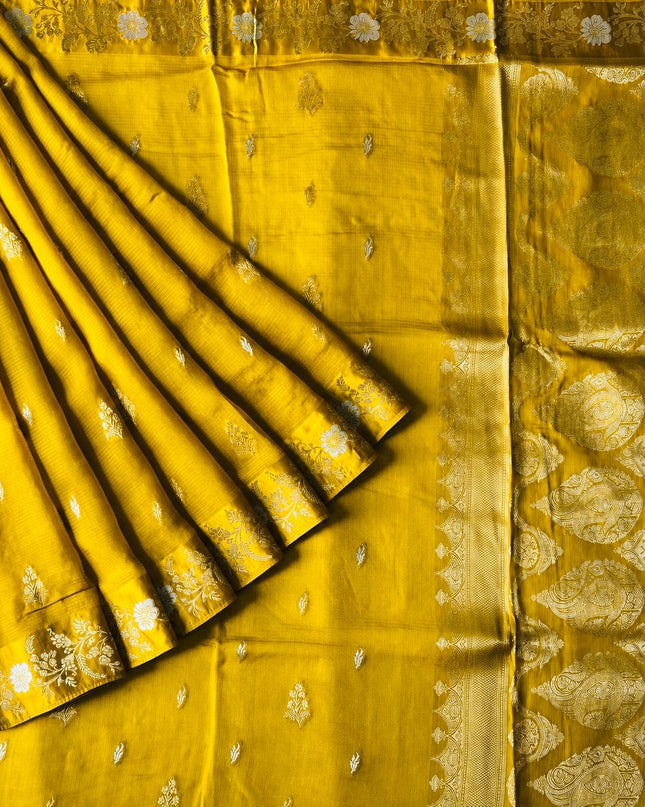 Manipuri kota  Gold and silver  Zari weaving Buttis  with Satin  Border - Mehandi Green