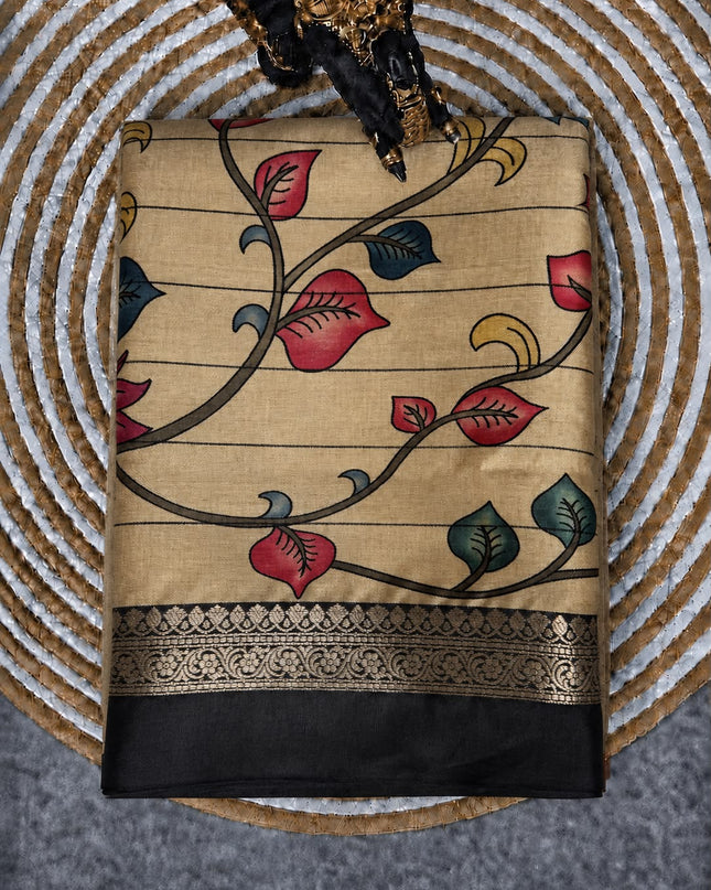Tusser Saree With Floral and Peacock  Print and Contrast Border- Tan & Black