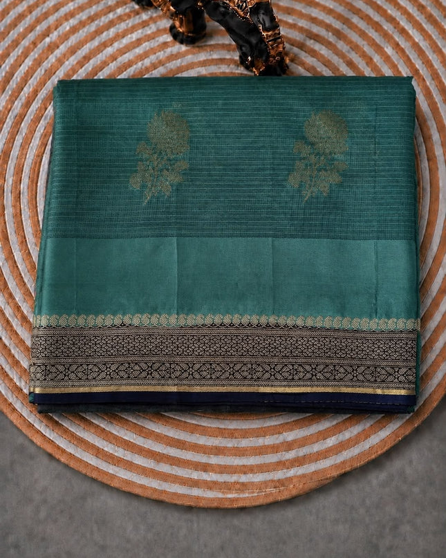 Kota Silk saree with Golden Buttes and Satin Borer Floral Print - Sage Green